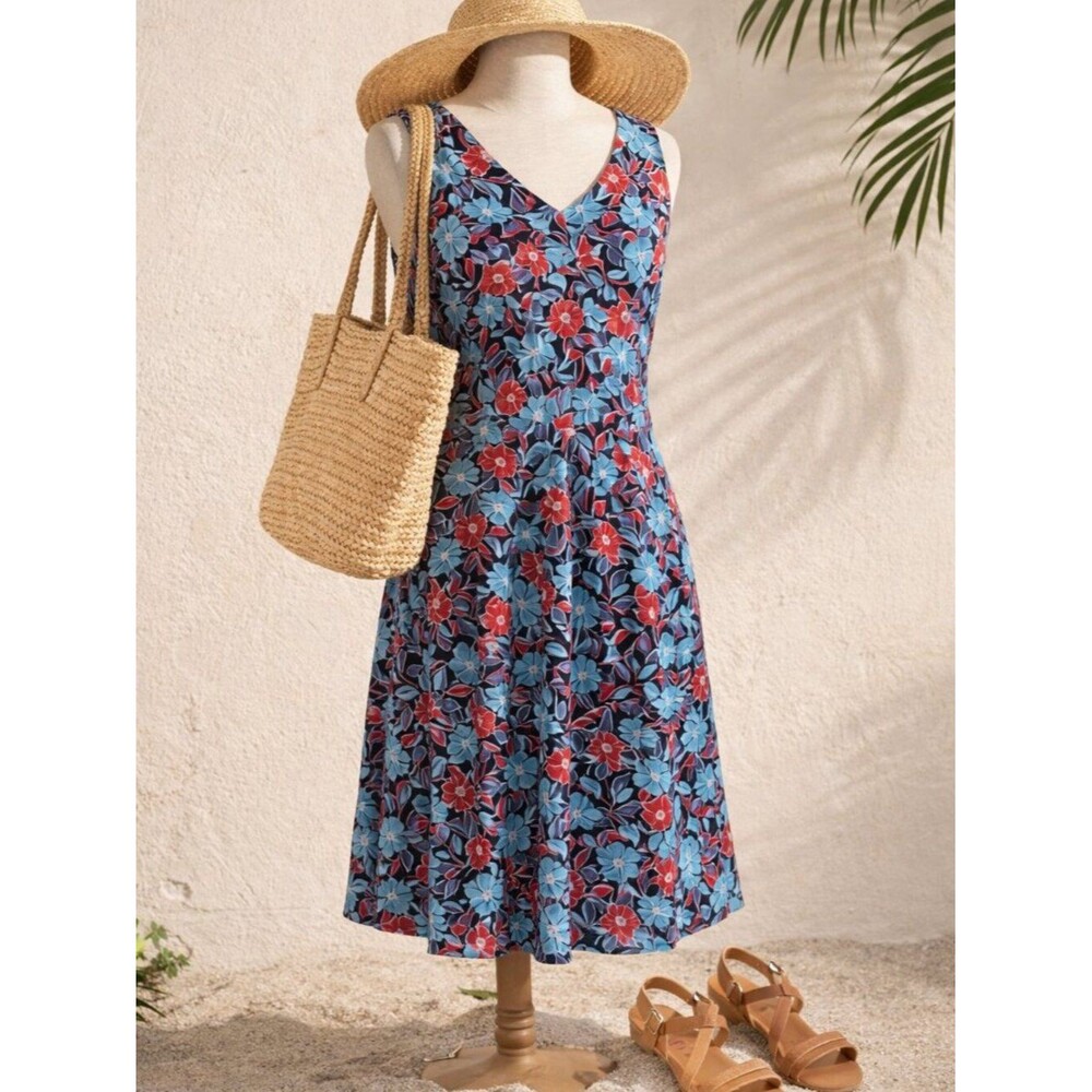 Floral Midi colorful ruffle Dress Blue Red V Neck Sleeveless A-Line Size 8